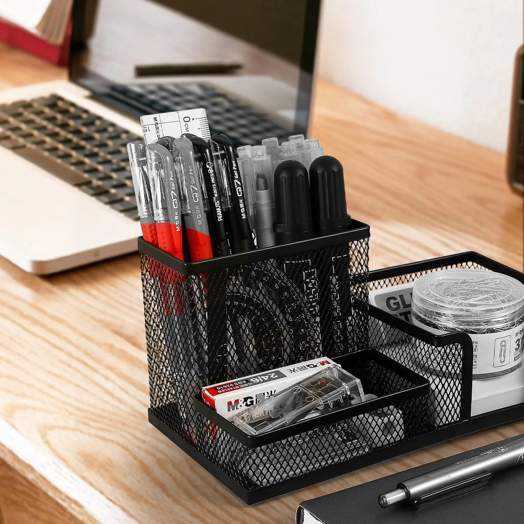 Mesh Pen Holder Desk Organizers Pencil Holder for Desk Black 3 Compartments Metal Office Supply
