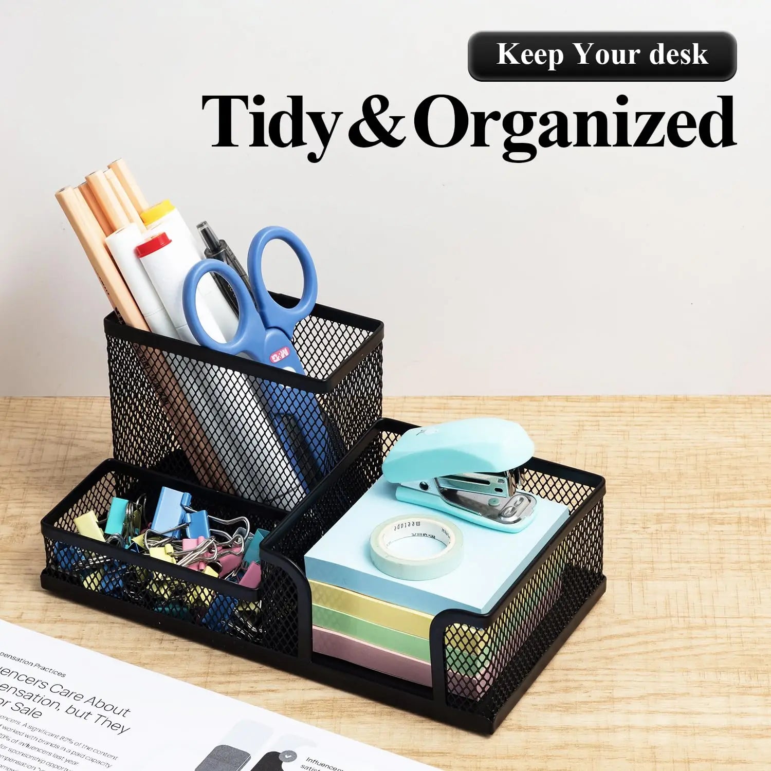 Mesh Pen Holder Desk Organizers Pencil Holder for Desk Black 3 Compartments Metal Office Supply