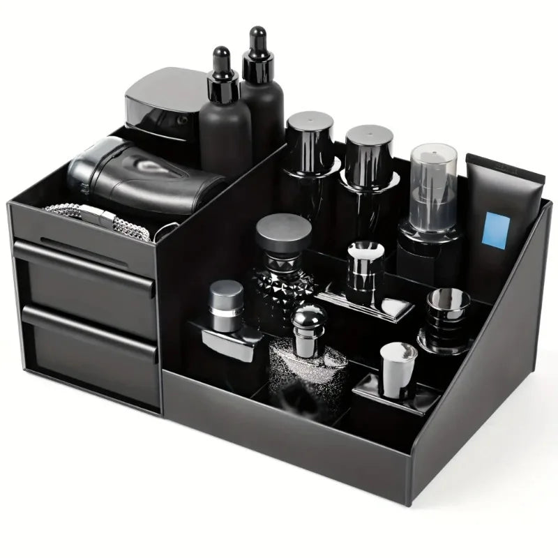 Black Desk Organizer with Drawers, Multi-Compartment Storage Box for Stationery, Makeup and Accessories