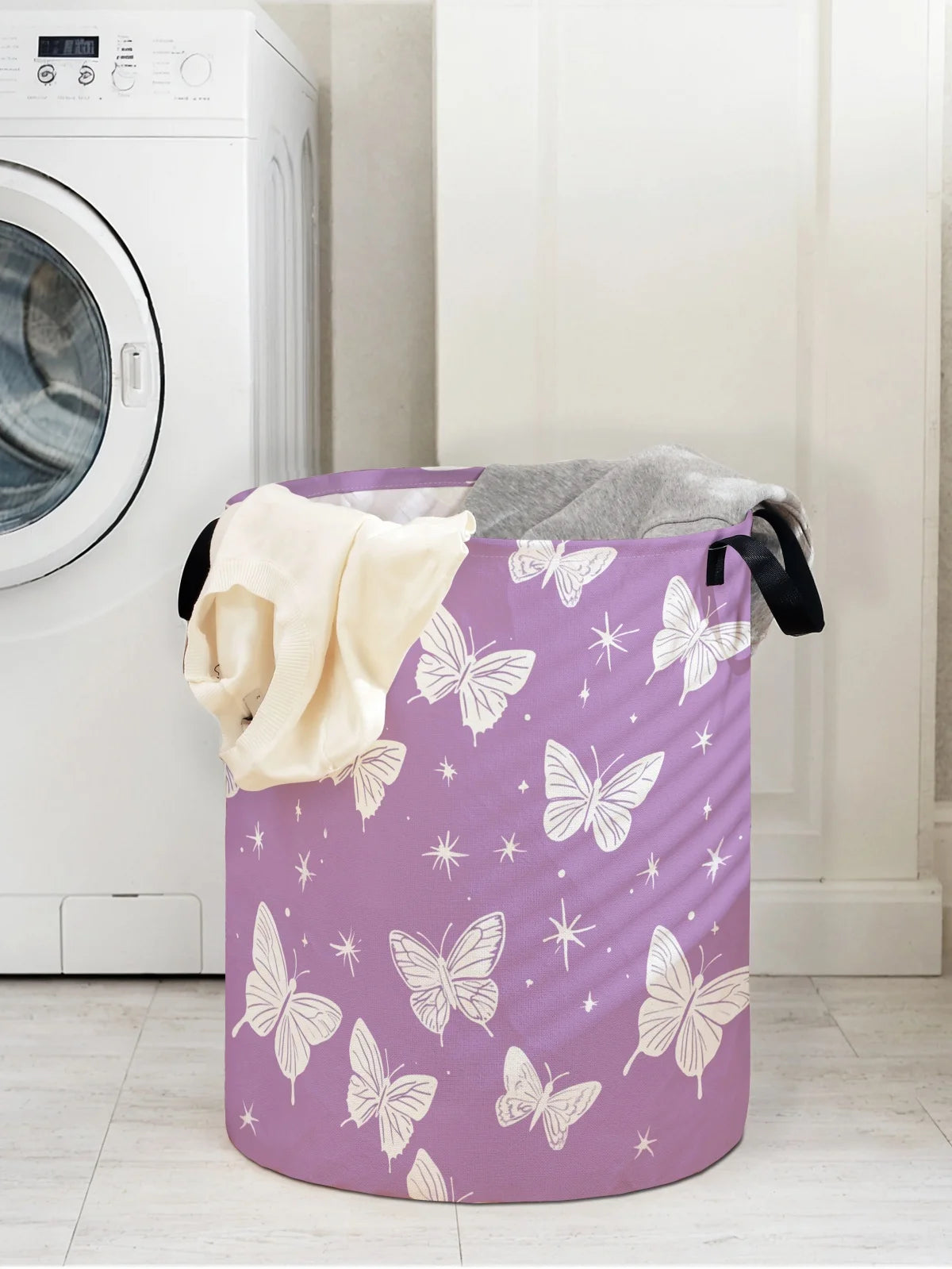 Butterfly pattern printed circular storage box, suitable for storing clothes and books, convenient for laundry baskets