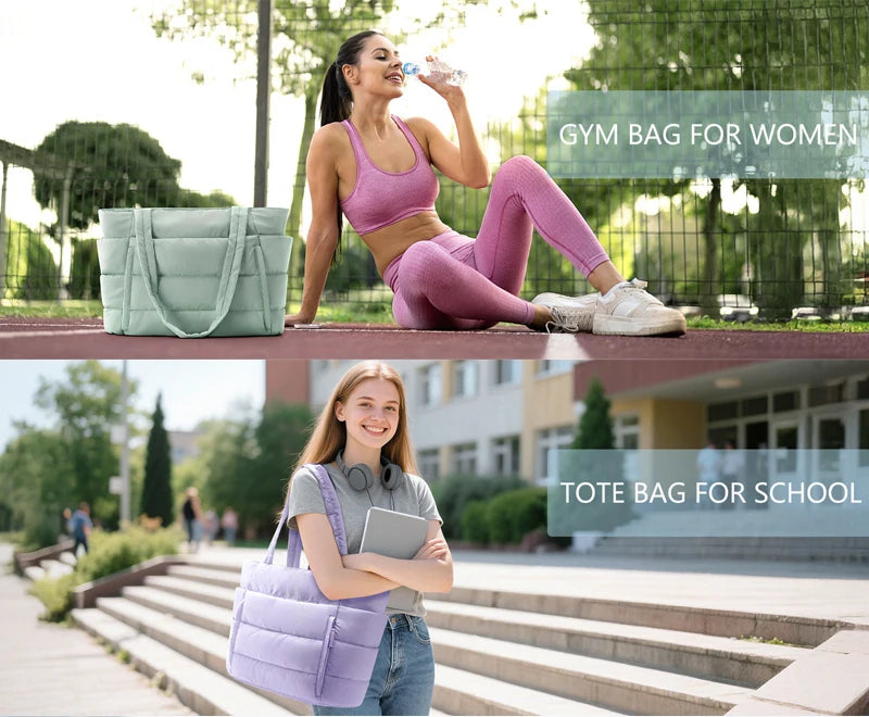 Tote Bag for Women, Lightweight Puffy Tote Bag with Compartments Shoulder Bag Handbag for Travel, Work, Gym