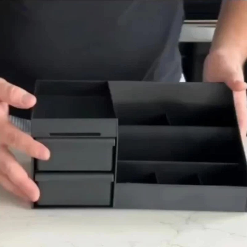 Black Desk Organizer with Drawers, Multi-Compartment Storage Box for Stationery, Makeup and Accessories