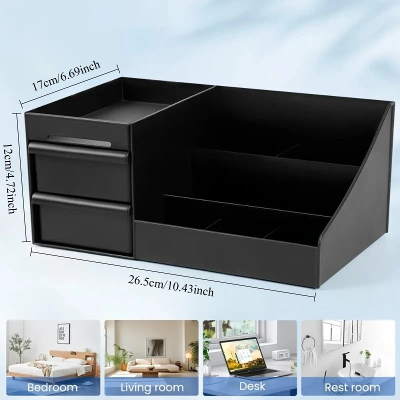 Black Desk Organizer with Drawers, Multi-Compartment Storage Box for Stationery, Makeup and Accessories