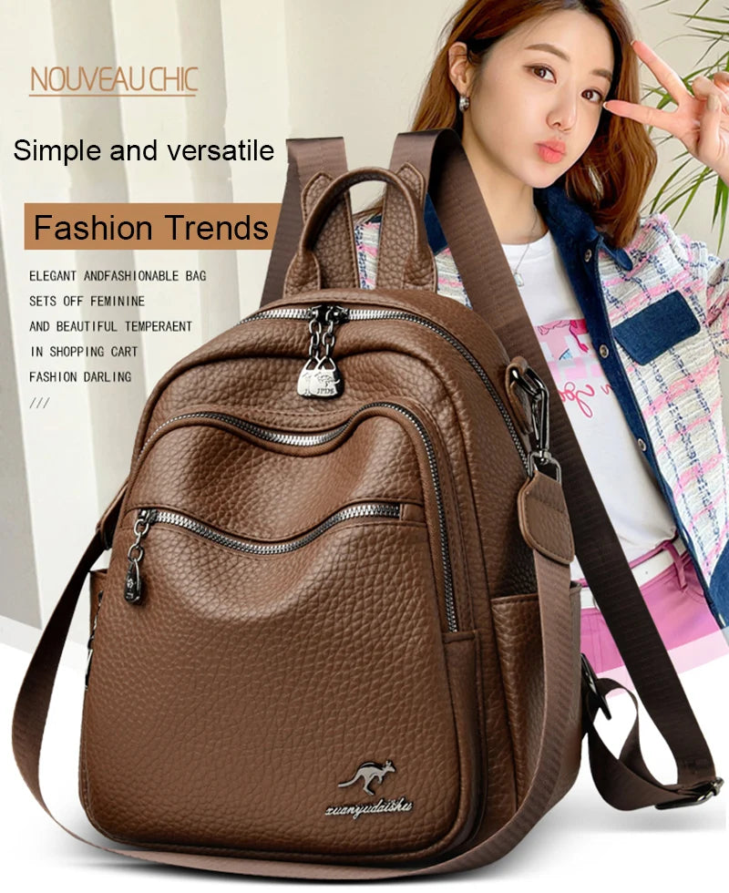 2025 Waterproof Leather Women Backpack Anti-theft Backpacks Shoulder Bags for Teenager Girls Large Capacity Travel School Bag