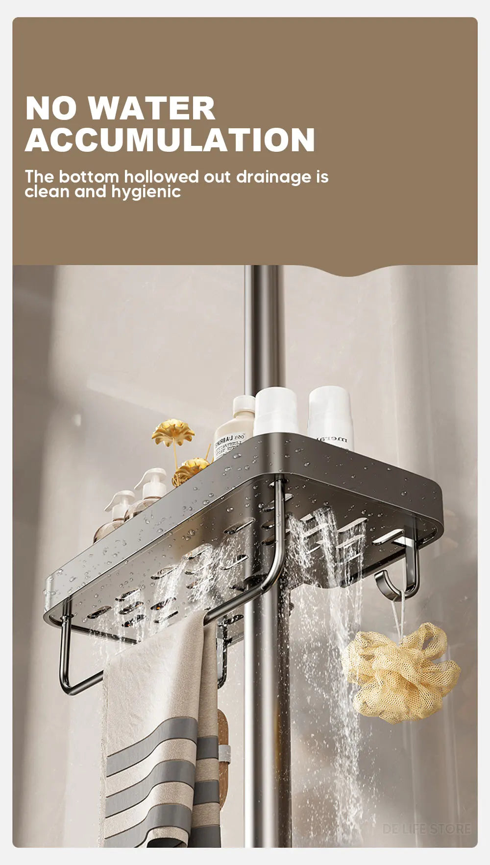 1/2PCS Punch-Free Shower Caddy With Towel Rod Bathroom Shelf Shampoo Soap Holder Shower Tray For Toilet Bathroom Organizer