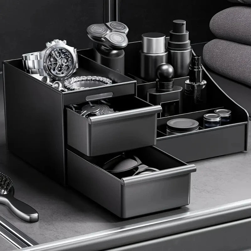 Black Desk Organizer with Drawers, Multi-Compartment Storage Box for Stationery, Makeup and Accessories