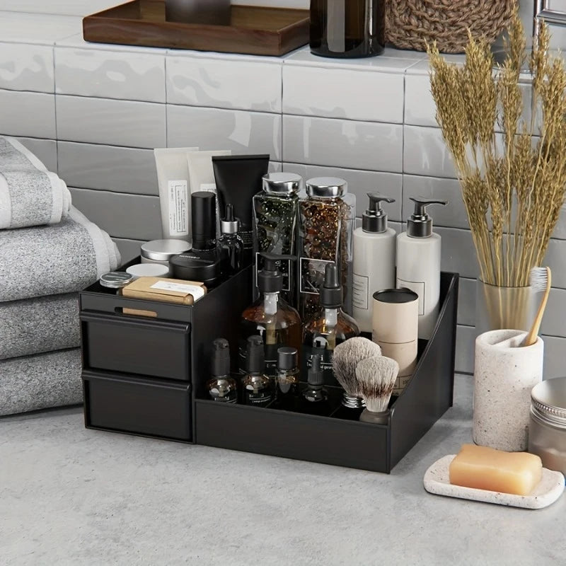 Black Desk Organizer with Drawers, Multi-Compartment Storage Box for Stationery, Makeup and Accessories