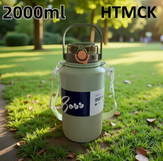 2L/ 67.63oz Large Capacity Stainless Steel Insulated Tumbler with Handle, Ice-Keeping and Thermal Straw, Sports Water Bottle