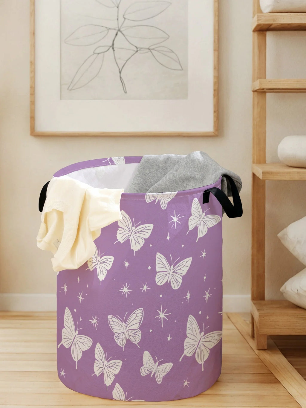 Butterfly pattern printed circular storage box, suitable for storing clothes and books, convenient for laundry baskets