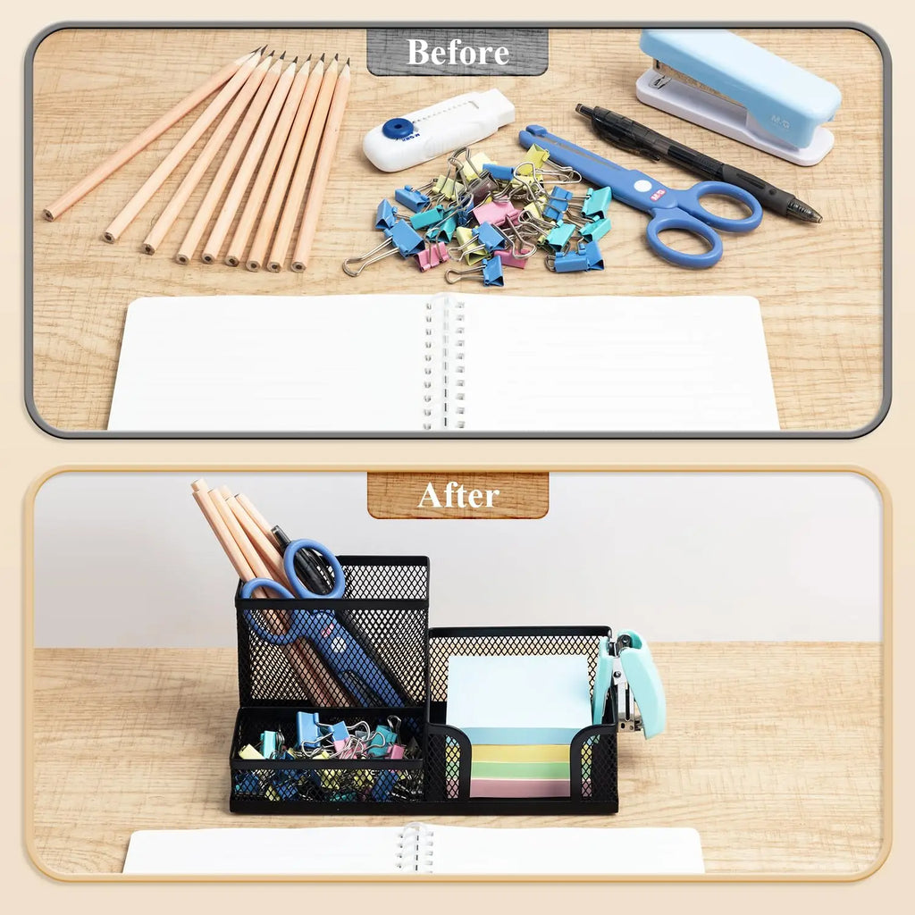 Mesh Pen Holder Desk Organizers Pencil Holder for Desk Black 3 Compartments Metal Office Supply