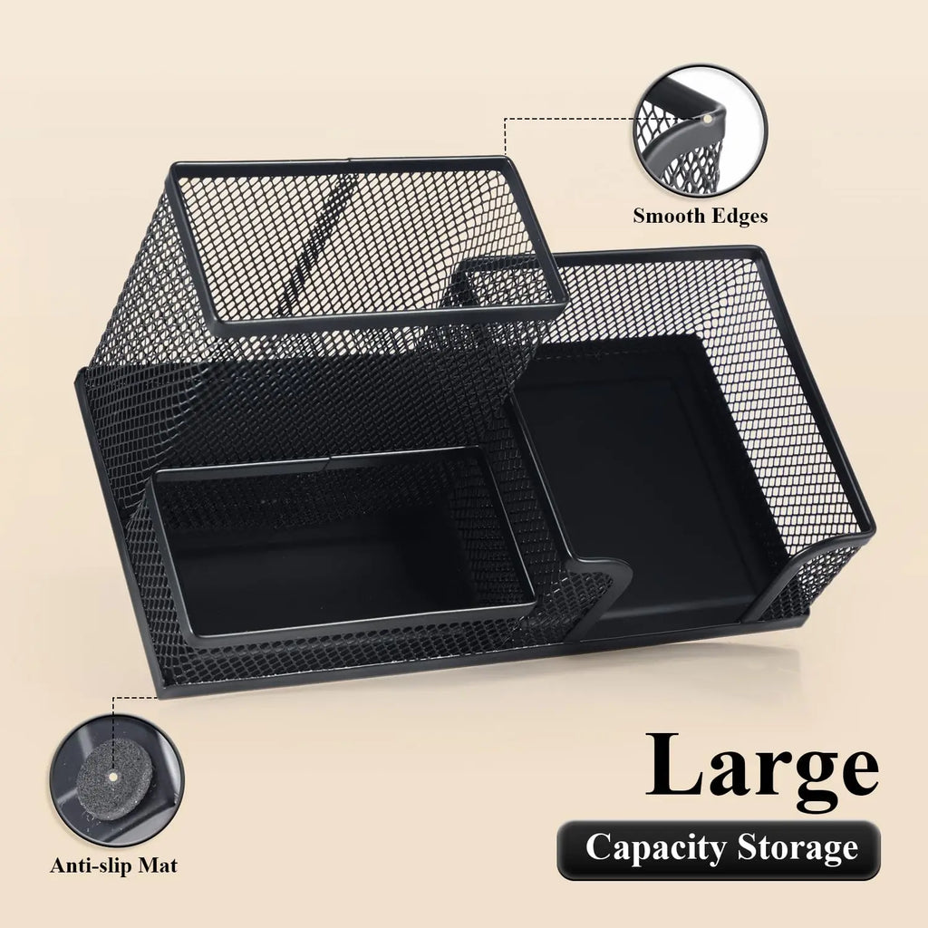 Mesh Pen Holder Desk Organizers Pencil Holder for Desk Black 3 Compartments Metal Office Supply