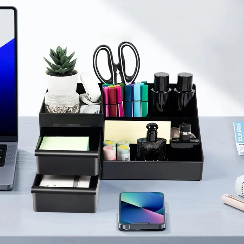 Black Desk Organizer with Drawers, Multi-Compartment Storage Box for Stationery, Makeup and Accessories