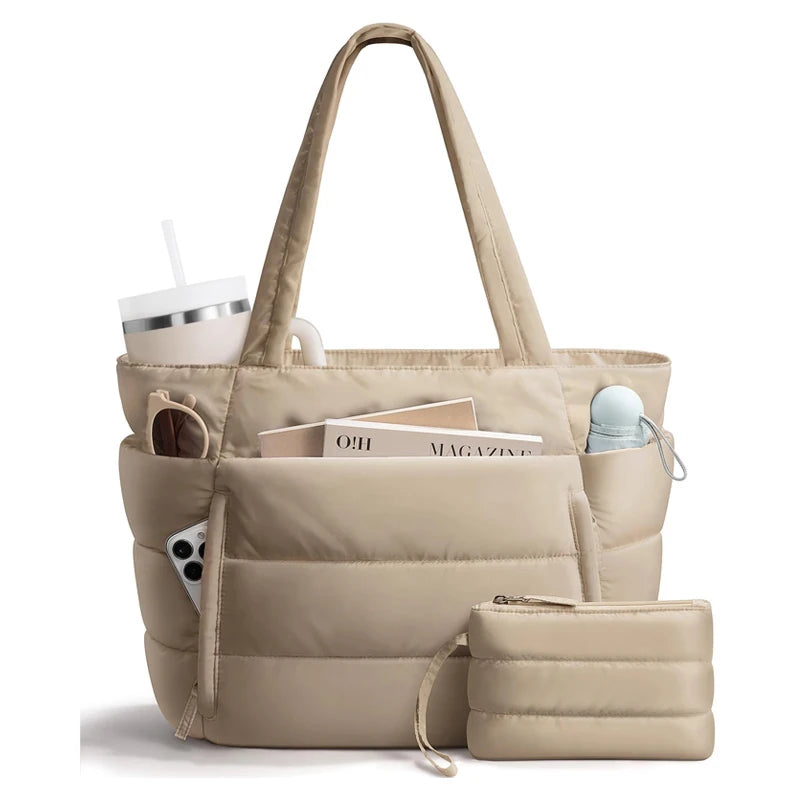 Tote Bag for Women, Lightweight Puffy Tote Bag with Compartments Shoulder Bag Handbag for Travel, Work, Gym