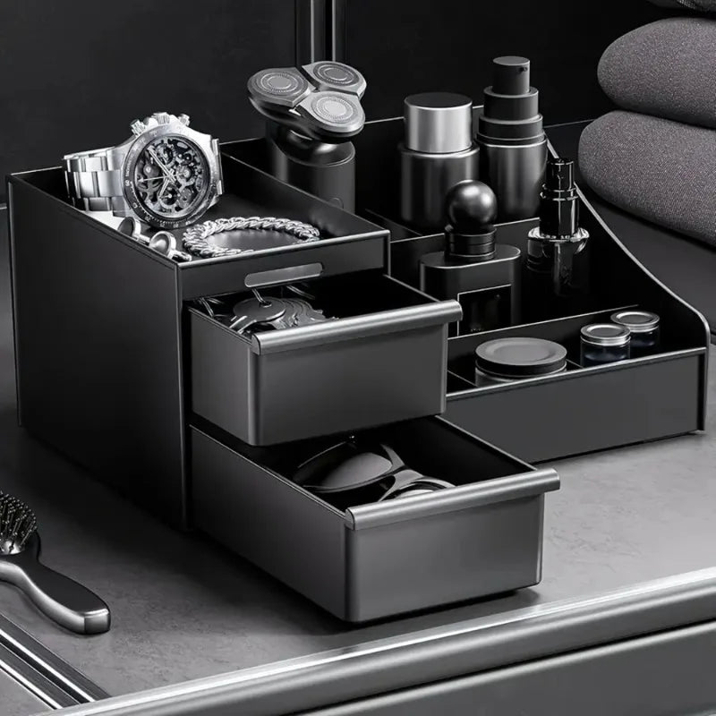Black Desk Organizer with Drawers, Multi-Compartment Storage Box for Stationery, Makeup and Accessories