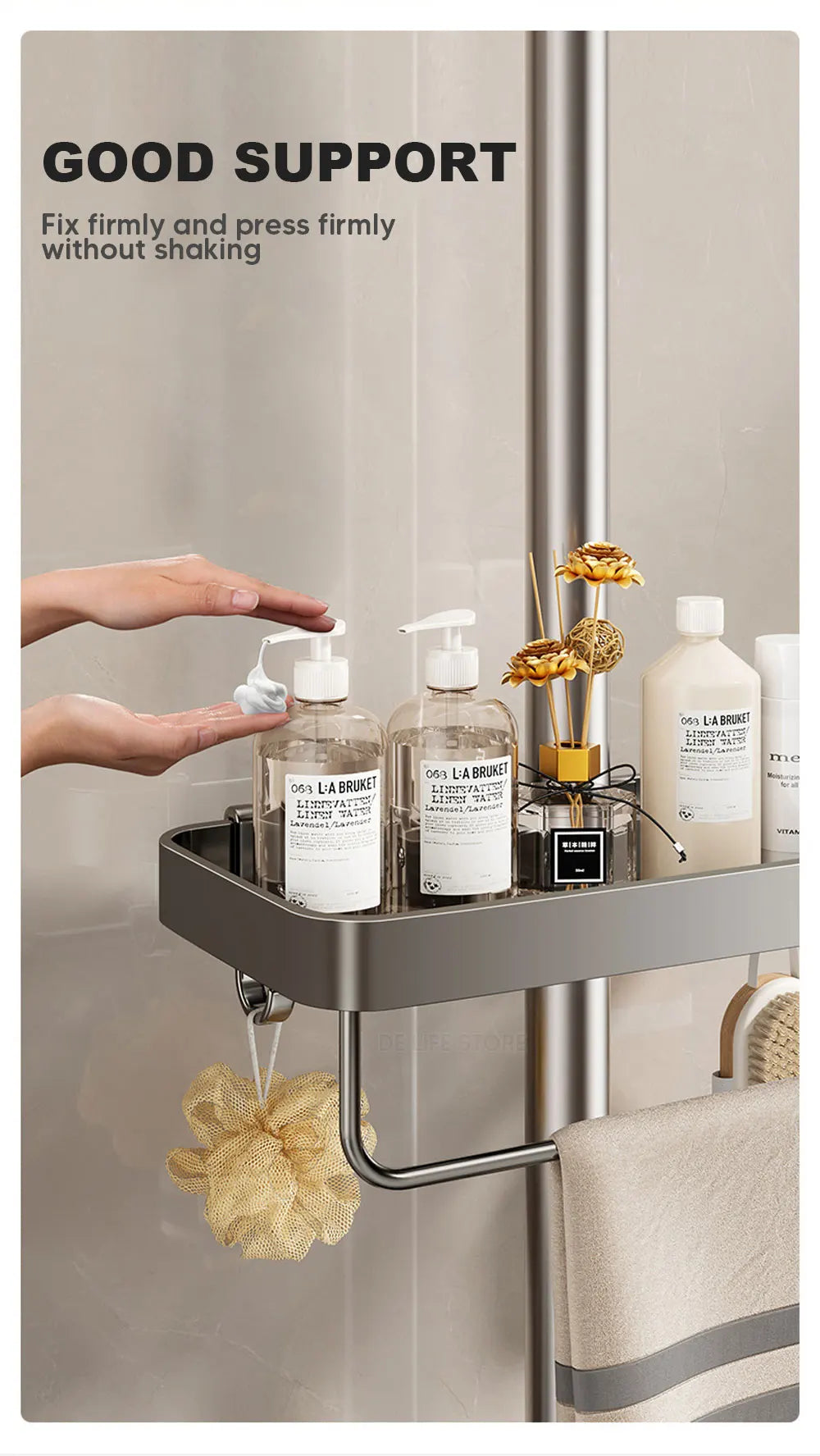 1/2PCS Punch-Free Shower Caddy With Towel Rod Bathroom Shelf Shampoo Soap Holder Shower Tray For Toilet Bathroom Organizer